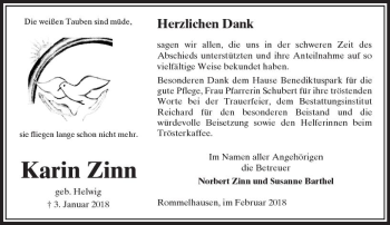 Traueranzeige von Karin Zinn von  Kreisanzeiger