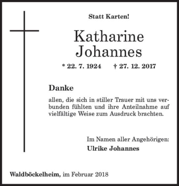 Traueranzeige von Katharine Johannes von Trauerportal Rhein Main Presse
