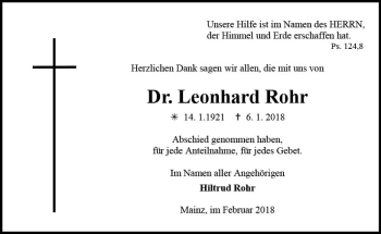 Traueranzeige von Leonhard Rohr von Trauerportal Rhein Main Presse