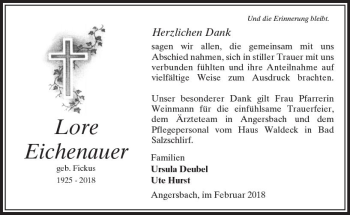 Traueranzeige von Lore Eichenauer von VRM Trauer
