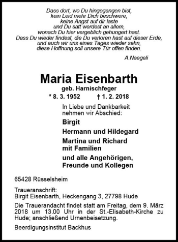 Traueranzeige von Maria Eisenbarth von Trauerportal Rhein Main Presse