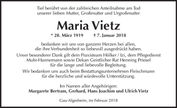 Traueranzeige von Maria Vietz von Trauerportal Rhein Main Presse