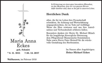 Traueranzeige von Maria Anna Eckes von Trauerportal Rhein Main Presse