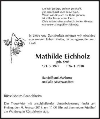 Traueranzeige von Mathilde Eichholz von Trauerportal Rhein Main Presse