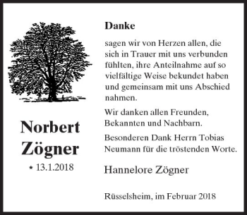 Traueranzeige von Norbert Zögner von Trauerportal Rhein Main Presse