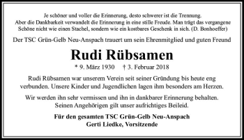 Traueranzeige von Rudi Rübsamen von  Usinger Anzeiger Traueranzeige von Rudi Rübsamen von  Usinger Anzeiger