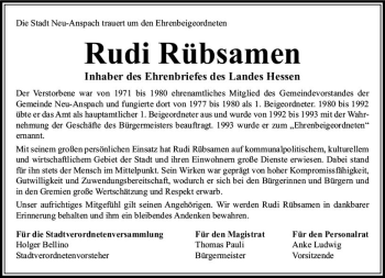 Traueranzeige von Rudi Rübsamen von  Usinger Anzeiger Traueranzeige von Rudi Rübsamen von  Usinger Anzeiger