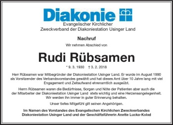 Traueranzeige von Rudi Rübsamen von  Usinger Anzeiger Traueranzeige von Rudi Rübsamen von  Usinger Anzeiger