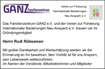 Traueranzeige von Rudi Rübsamen von  Usinger Anzeiger Traueranzeige von Rudi Rübsamen von  Usinger Anzeiger