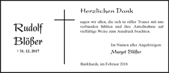 Traueranzeige von Rudolf Blößer von  Kreisanzeiger