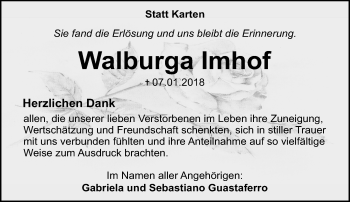 Traueranzeige von Walburga Imhof von Trauerportal Rhein Main Presse