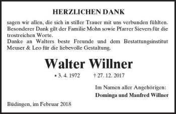 Traueranzeige von Walter Willner von  Kreisanzeiger