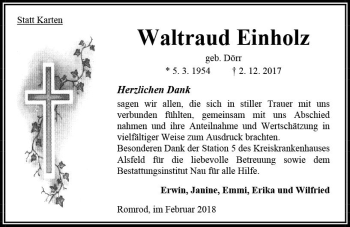 Traueranzeige von Waltraud Einholz von VRM Trauer