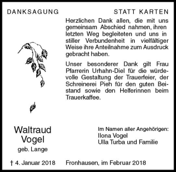 Traueranzeige von Waltraud Vogel von  Gießener Anzeiger