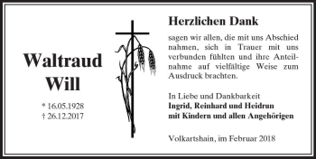 Traueranzeige von Waltraud Will von  Kreisanzeiger