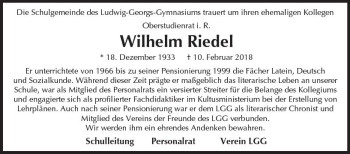 Traueranzeige von Wilhelm Riedel von Trauerportal Rhein Main Presse