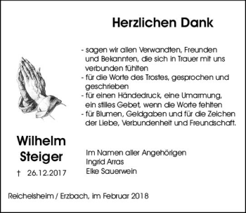 Traueranzeige von Wilhelm Steiger von Trauerportal Rhein Main Presse