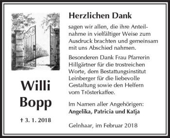 Traueranzeige von Willi Bopp von  Kreisanzeiger