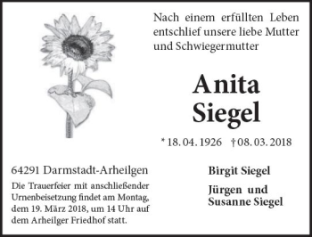Traueranzeige von Anita Siegel von Trauerportal Rhein Main Presse