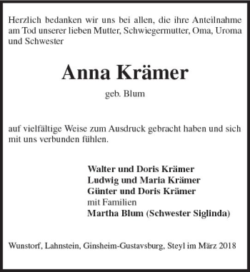 Traueranzeige von Anna Krämer von Trauerportal Rhein Main Presse
