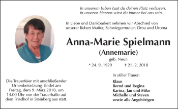 Traueranzeige von Anna-Marie Spielmann von  Kreisanzeiger