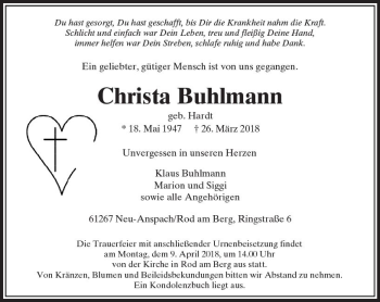 Traueranzeige von Christa Buhlmann von  Usinger Anzeiger Traueranzeige von Christa Buhlmann von  Usinger Anzeiger