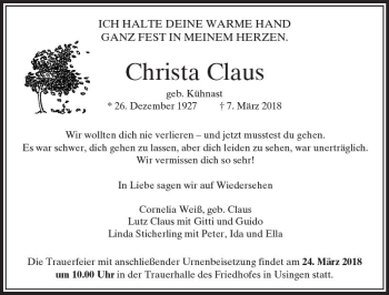 Traueranzeige von Christa Claus von  Usinger Anzeiger