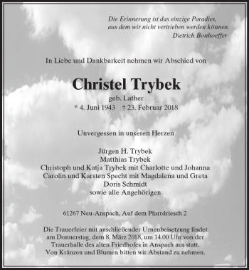Traueranzeige von Christel Trybek von  Usinger Anzeiger Traueranzeige von Christel Trybek von  Usinger Anzeiger