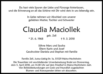 Traueranzeige von Claudia Maciollek von Trauerportal Rhein Main Presse