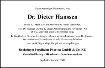 Traueranzeige von Dieter Hansen von Trauerportal Rhein Main Presse