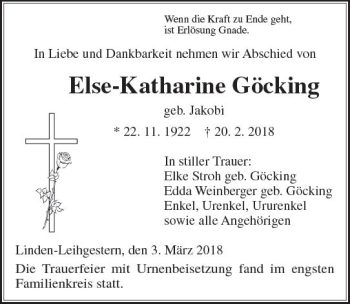 Traueranzeige von Else Katharine Göcking von  Gießener Anzeiger