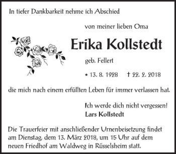 Traueranzeige von Erika Kollstedt von Trauerportal Rhein Main Presse