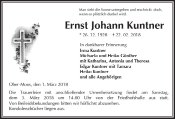 Traueranzeige von Ernst Johann Kuntner von VRM Trauer