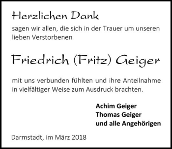 Traueranzeige von Friedrich Geiger von Trauerportal Rhein Main Presse