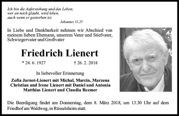 Traueranzeige von Friedrich Lienert von Trauerportal Rhein Main Presse