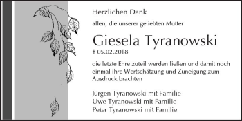 Traueranzeige von Giesela Tyranowski von Trauerportal Rhein Main Presse