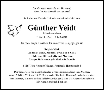 Traueranzeige von Günther Veidt von  Usinger Anzeiger Traueranzeige von Günther Veidt von  Usinger Anzeiger