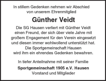 Traueranzeige von Günther Veidt von  Usinger Anzeiger Traueranzeige von Günther Veidt von  Usinger Anzeiger