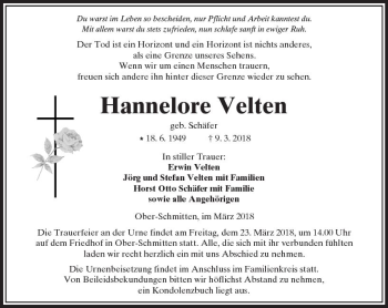 Traueranzeige von Hannelore Velten von  Kreisanzeiger