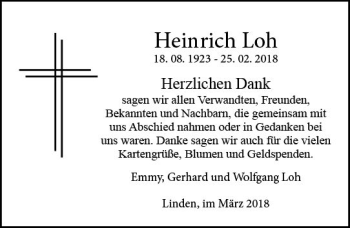 Traueranzeige von Heinrich Loh von  Gießener Anzeiger