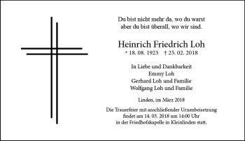 Traueranzeige von Heinrich Friedrich Loh von  Gießener Anzeiger