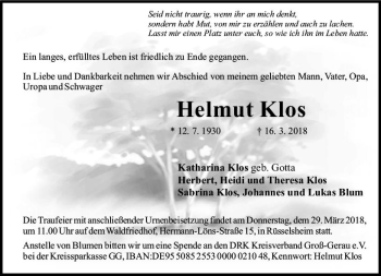 Traueranzeige von Helmut Klos von Trauerportal Rhein Main Presse