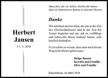 Traueranzeige von Herbert Jansen von Trauerportal Rhein Main Presse