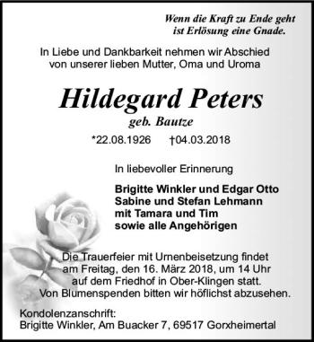 Traueranzeige von Hildegard Peters von Trauerportal Rhein Main Presse