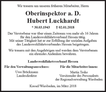 Traueranzeige von Hubert Luckhardt von Trauerportal Rhein Main Presse