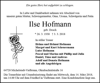 Traueranzeige von Ilse Hofmann von Trauerportal Rhein Main Presse