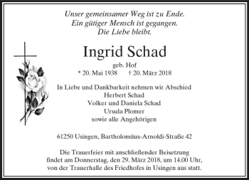 Traueranzeige von Ingrid Schad von  Usinger Anzeiger