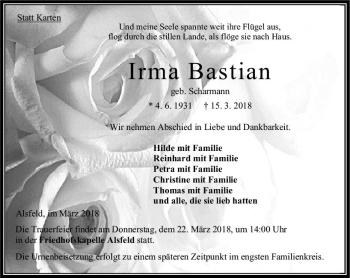 Traueranzeige von Irma Bastian von VRM Trauer
