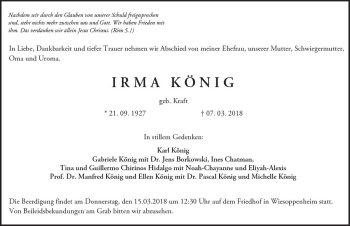 Traueranzeige von Irma König von Trauerportal Rhein Main Presse