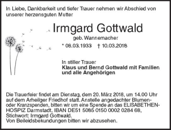 Traueranzeige von Irmgard Gottwald von Trauerportal Rhein Main Presse